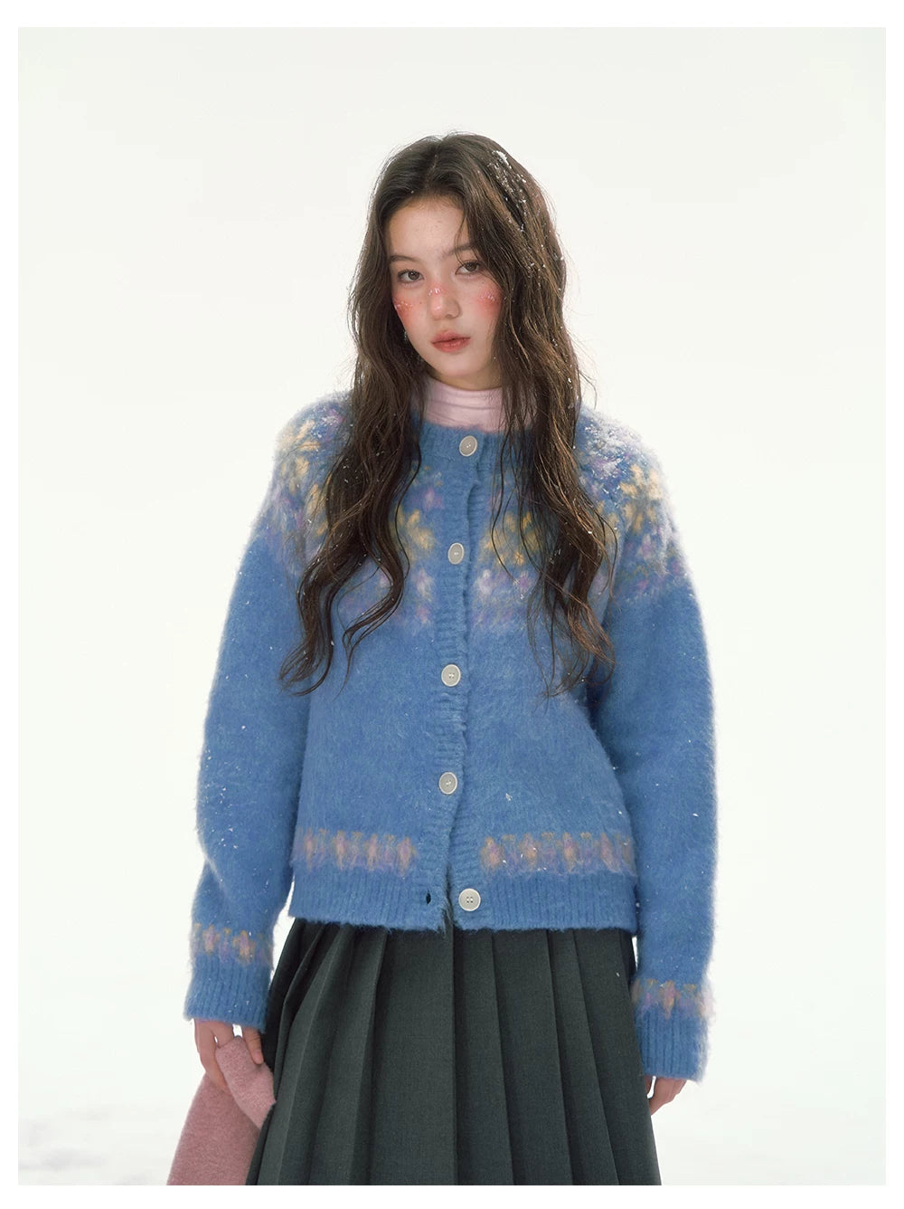 CANSTORE - "Blue Sky Echo" Fair Isle Bow Jacquard Knit Cardigan