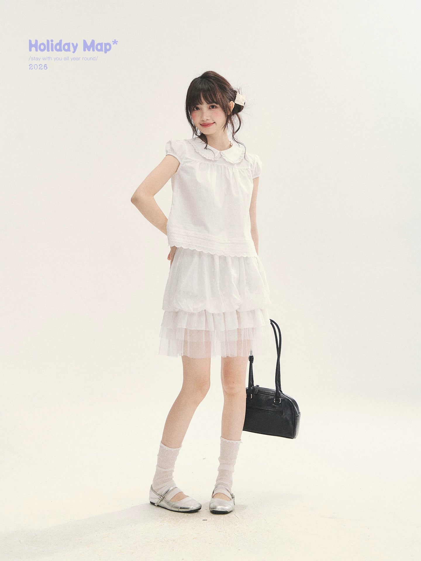 "Cotton Cloud" White Ruffle Collar Puff Sleeve Babydoll Top
