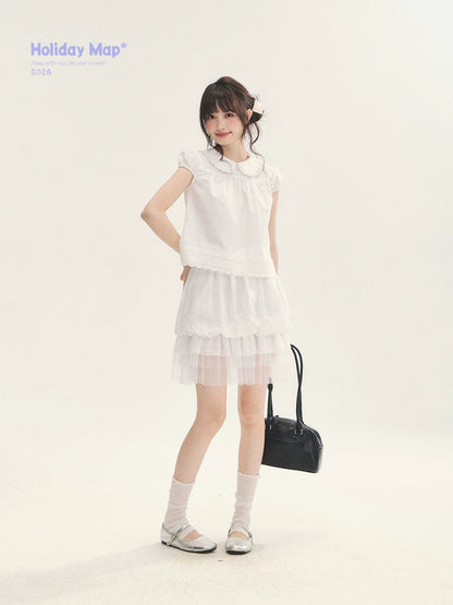 "Cotton Cloud" White Ruffle Collar Puff Sleeve Babydoll Top