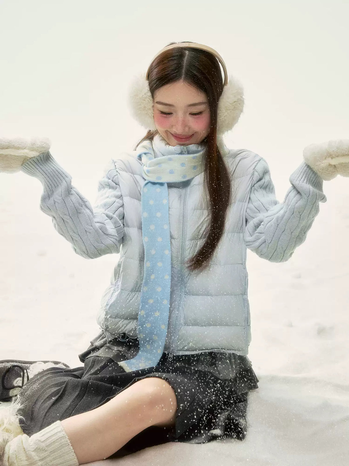 BIBIBENCY - Pale Blue Knit-Panel 90% White Duck Down Puffer Jacket (With Scarf)