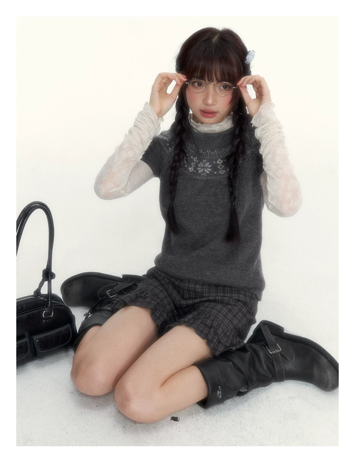 Deep Gray Fair Isle Short-Sleeve Knit Sweater