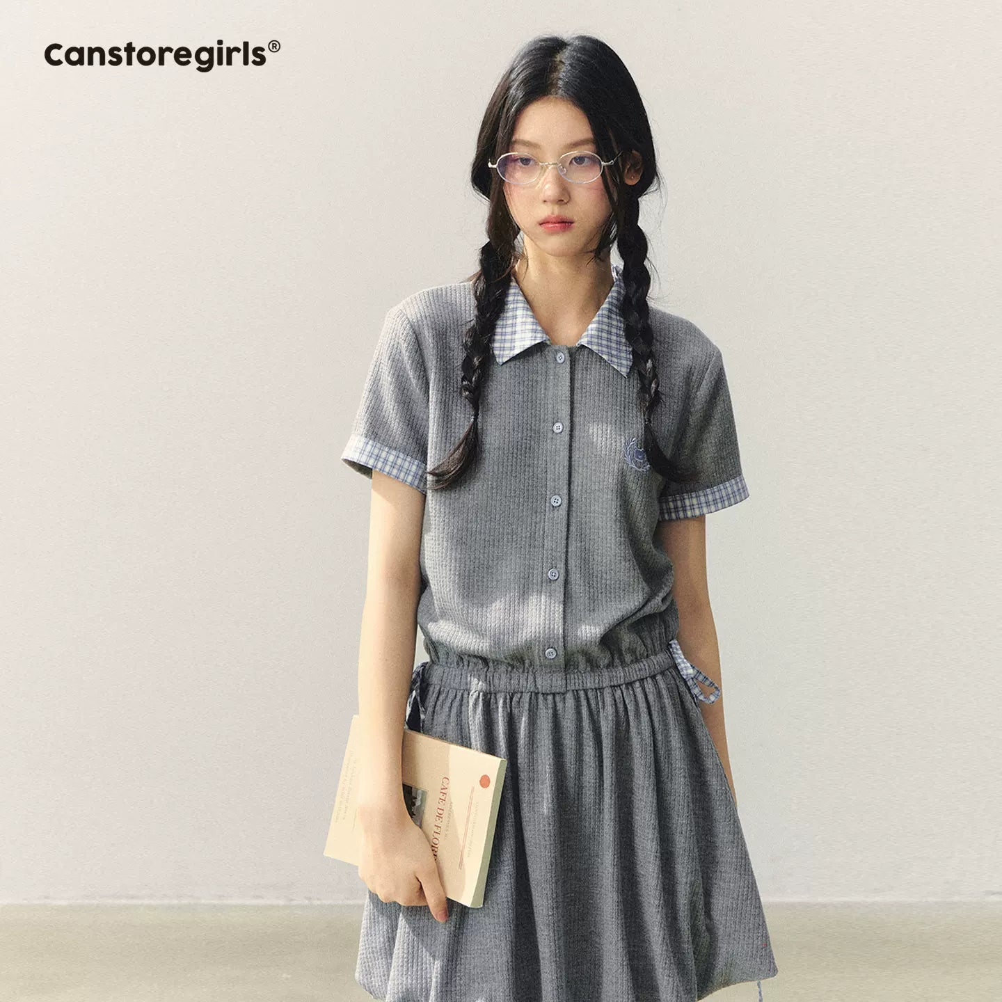 "Ivy Crest Letter" Plaid Panel Bubble Mini Dress LL2026031
