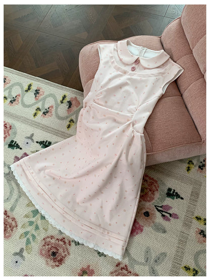 “Rose Milk Reverie” Pink Doll Collar A-Line Dress