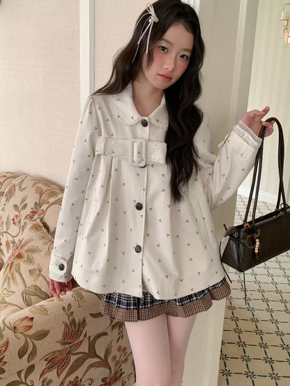 [RF] “Snowflake Milk Foam” Cream Floral Single-Breasted Waist-Defined Jacket