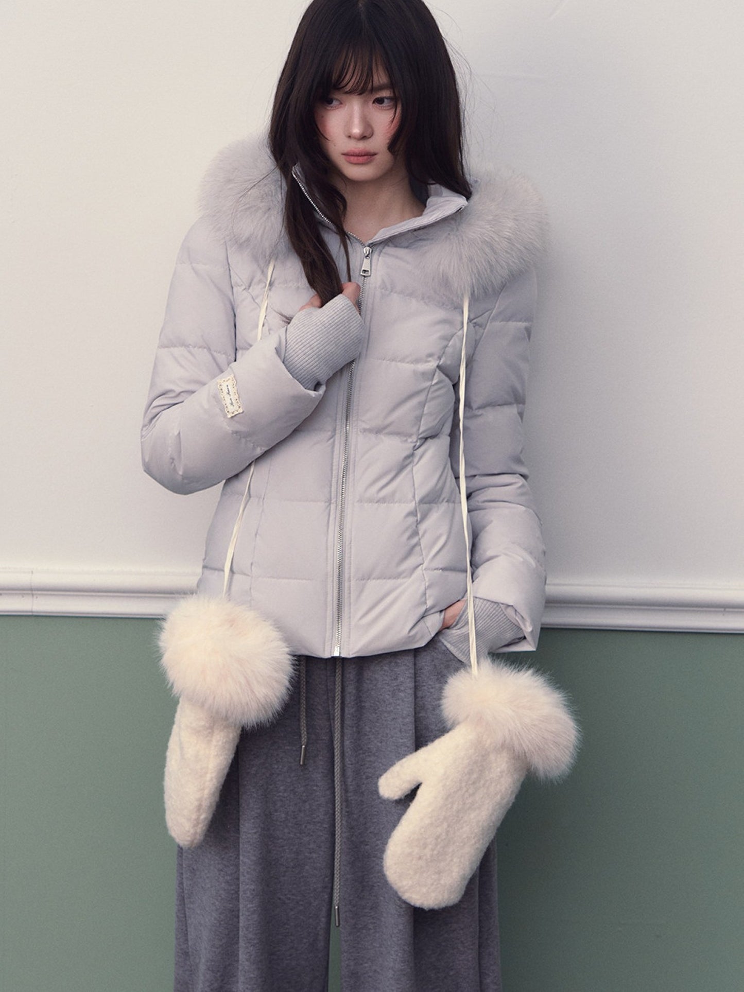 Soote Season - Glacier Blue Cropped Hooded Slim Down Jacket with Detachable Fur Collar