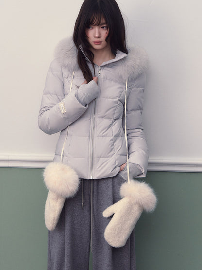 Soote Season - Glacier Blue Cropped Hooded Slim Down Jacket with Detachable Fur Collar