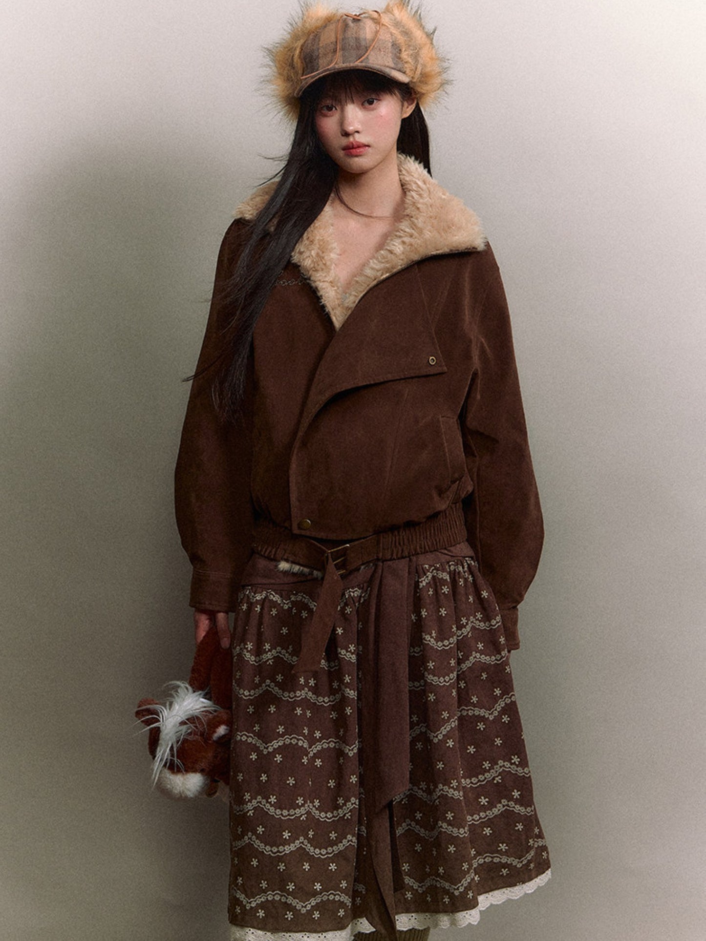 Soote Season - “Melard Mood” Retro Faux Suede Shearling-Trim Biker Jacket - Deep Roast Brown