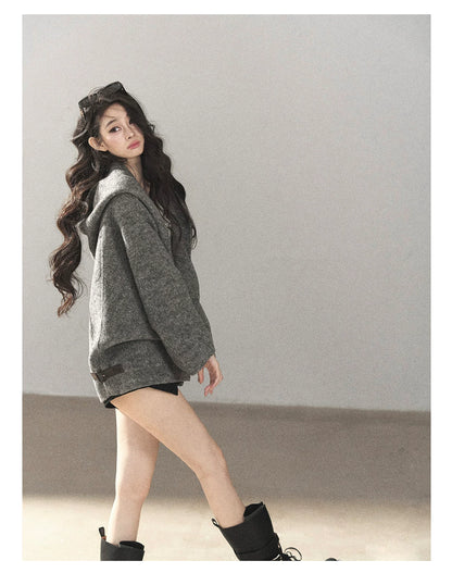 AOMALM - Dark Heather Gray Hooded Wool-Blend Jacket (With Inner Bra)
