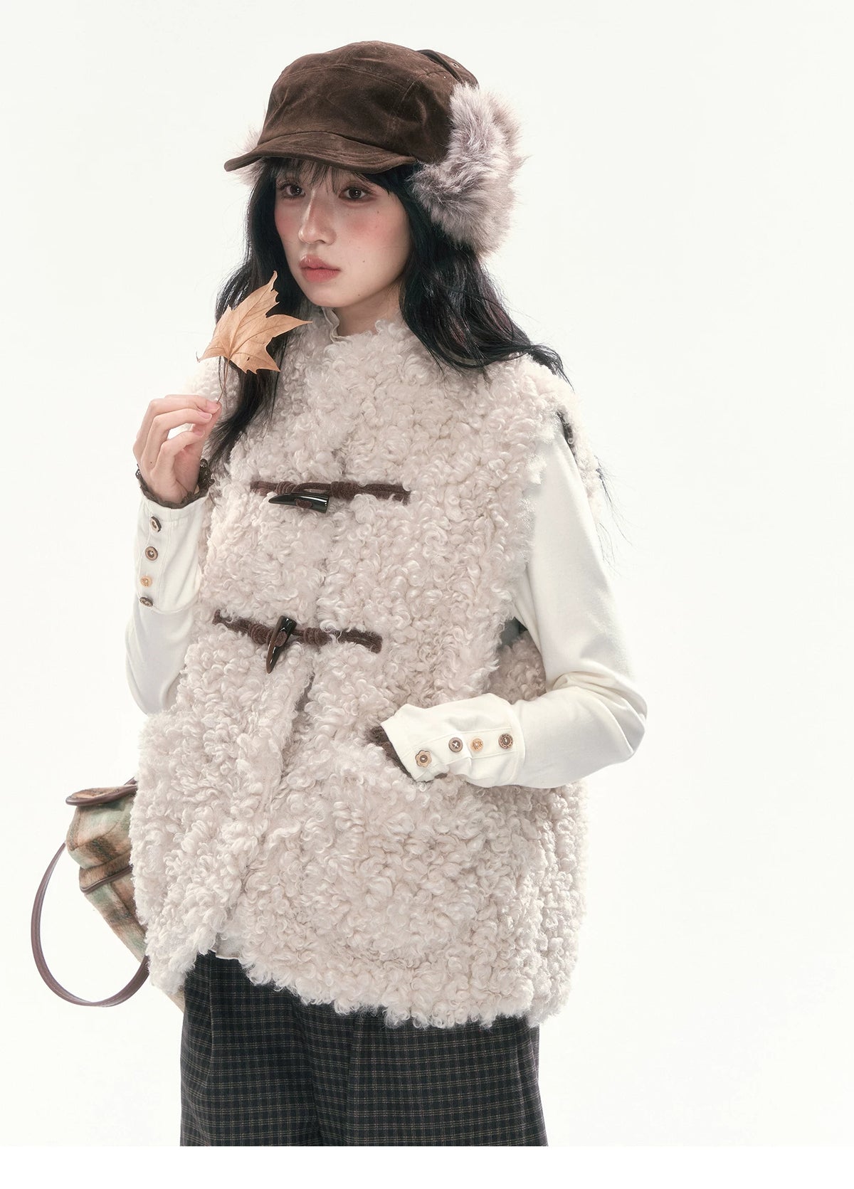 CAN - "The Velvet Alcove" Light Coffee Brown Reversible Plaid Shearling Vest