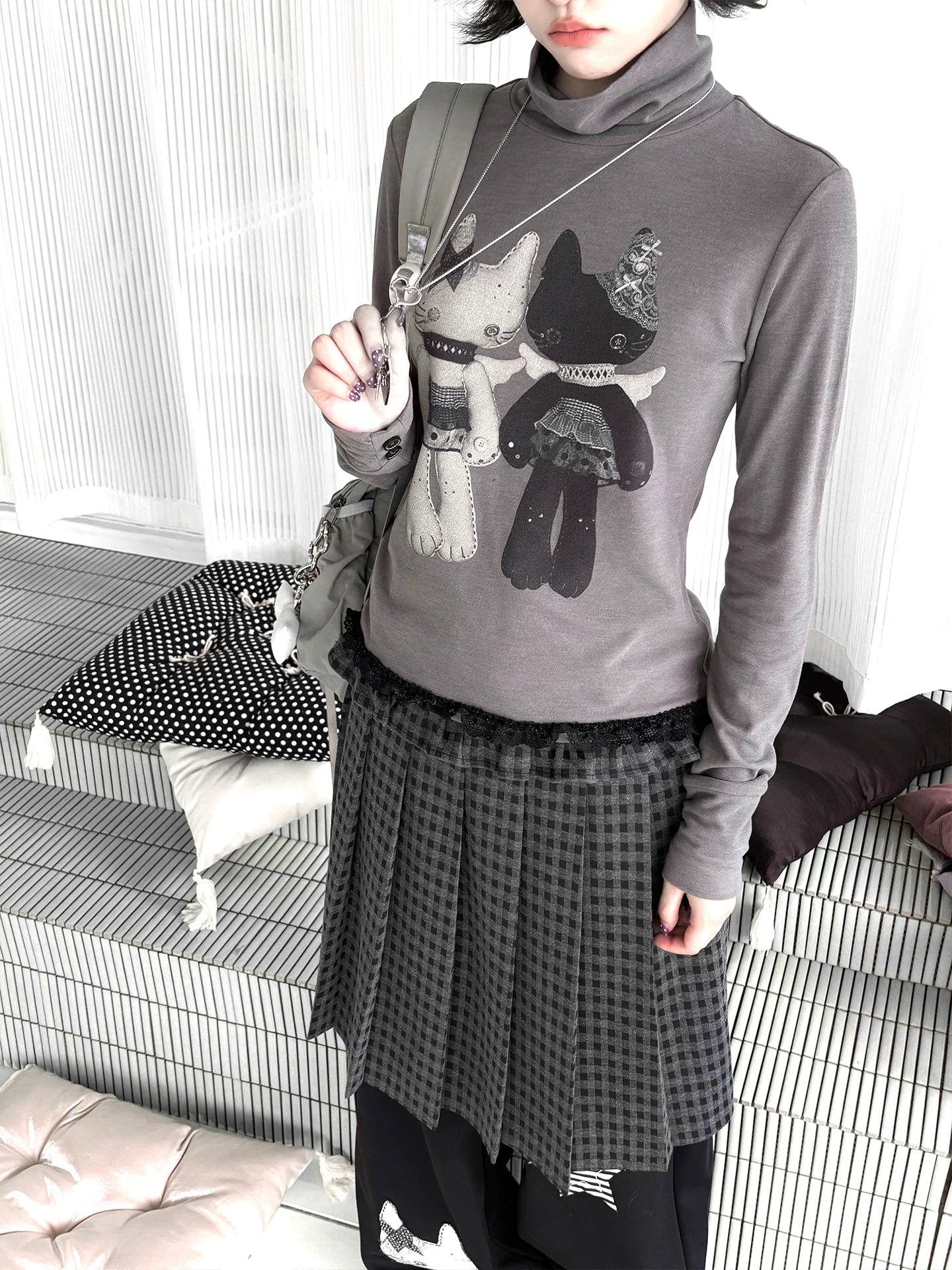 "Forgotten Corner" Mock Neck Gray Base Layer Top & Black Gray Plaid Skirt Set
