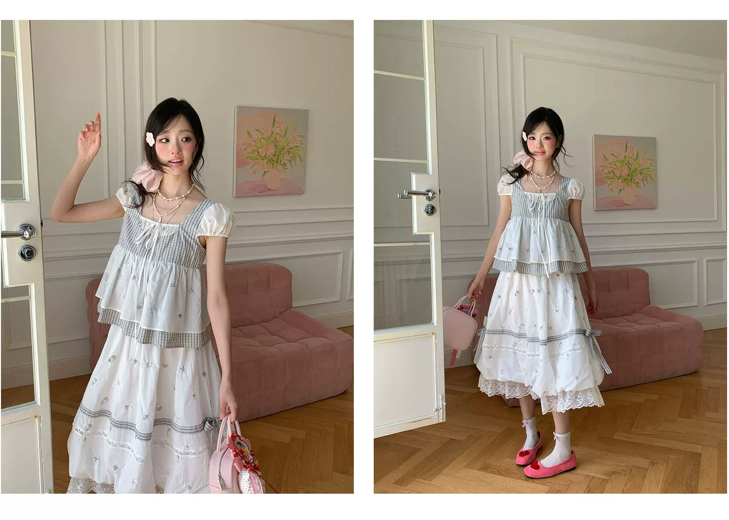 “Misty Isle White Tea” Grey White Polka Dot Skirt Set