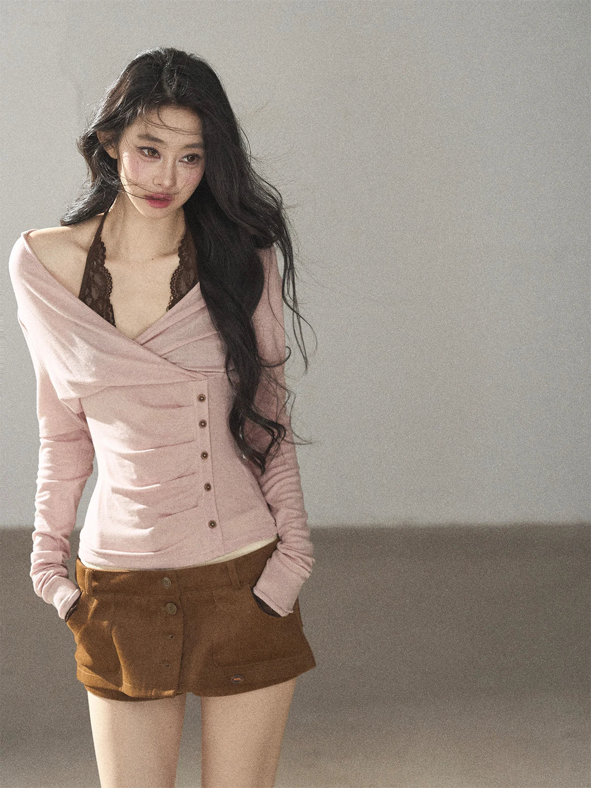 AOMALM - "Rose Garden Daydream" Misty Pink Korean Layered Lace Long-Sleeve Halter Top