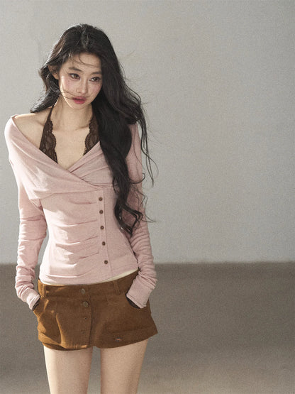 AOMALM - "Rose Garden Daydream" Misty Pink Korean Layered Lace Long-Sleeve Halter Top