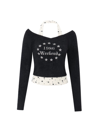 "Midnight Nova" Black Halter Layered Off-Shoulder Long Sleeve Top