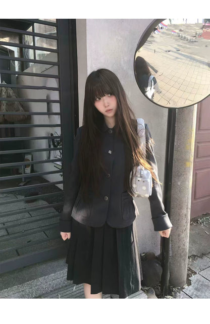 "Grey Finch" Gray Korean Preppy Suit Collection (Blazer / T-Shirt / Box Pleated Skirt)