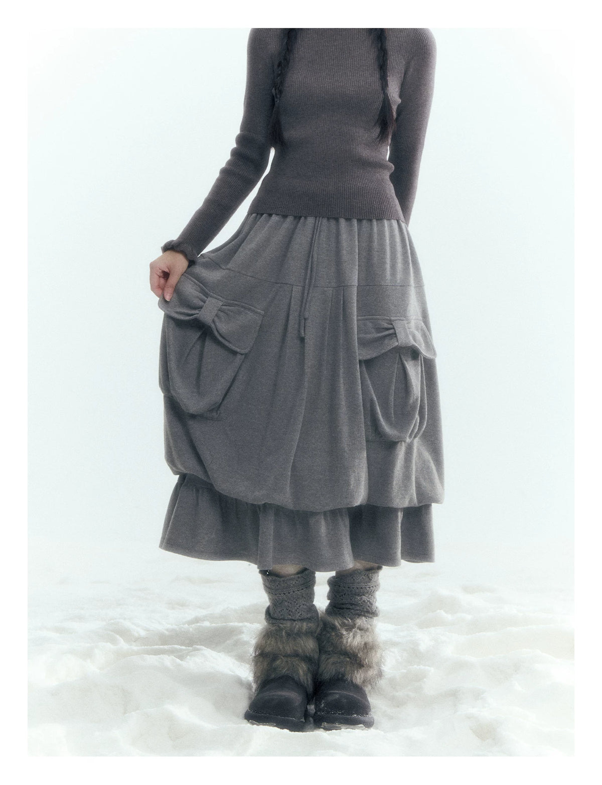 Horridale - Light Gray Pleated Knit Bubble Skirt with Oversized Pockets