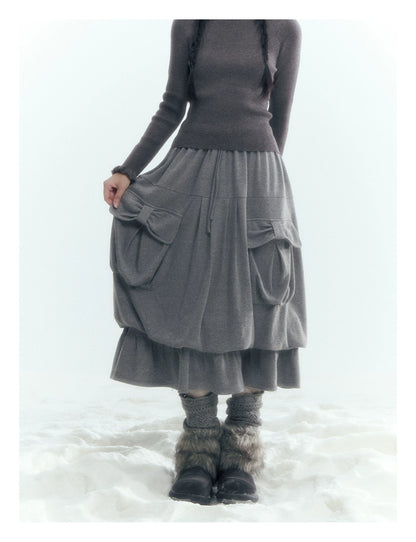 Horridale - Light Gray Pleated Knit Bubble Skirt with Oversized Pockets