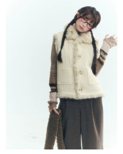Horridale - Cream Beige Reversible Knit Vest with Detachable Bow