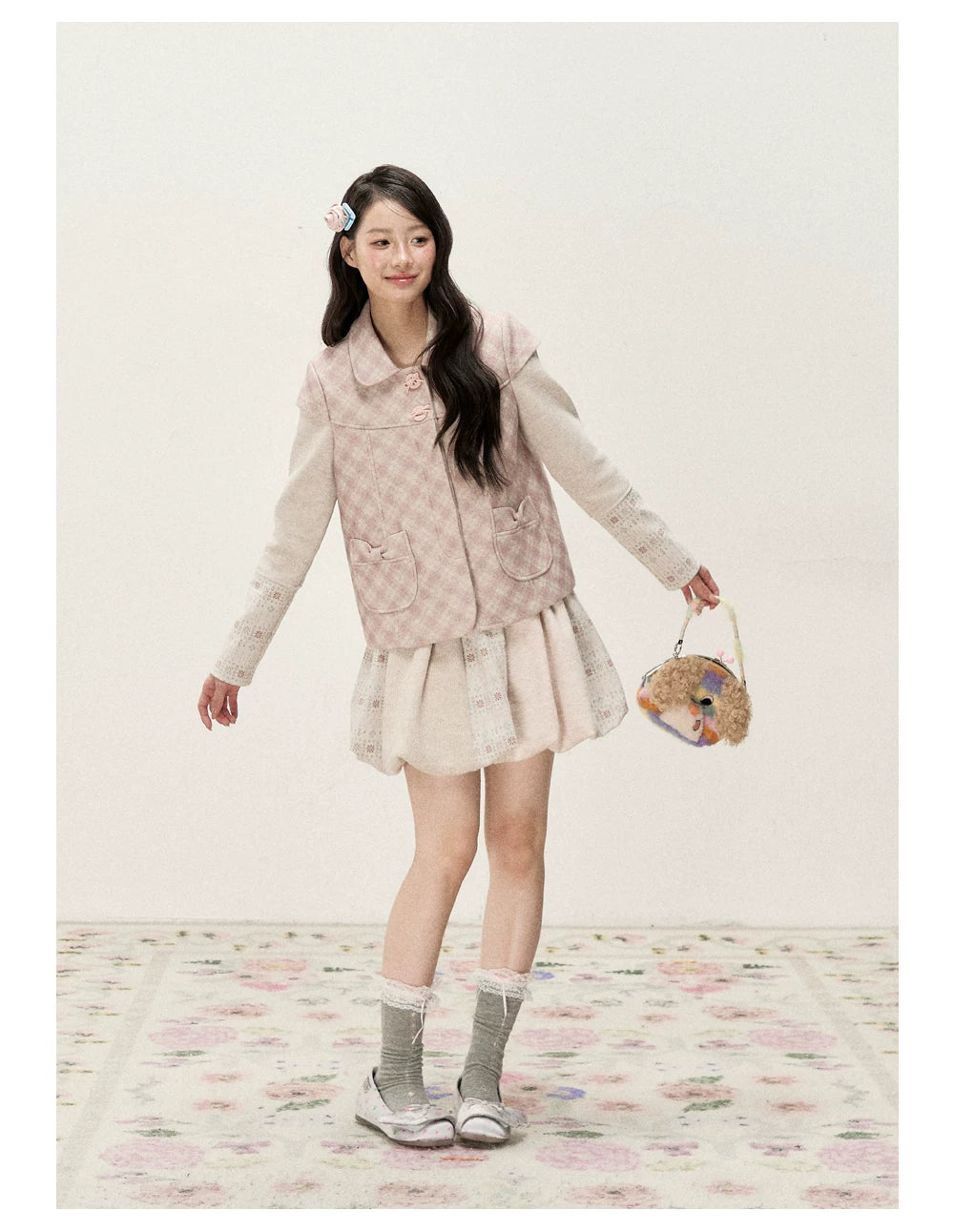 [RF] Pink Gingham Wool Blend Cropped Coat with Peter Pan Collar