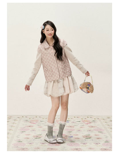 [RF] Pink Gingham Wool Blend Cropped Coat with Peter Pan Collar