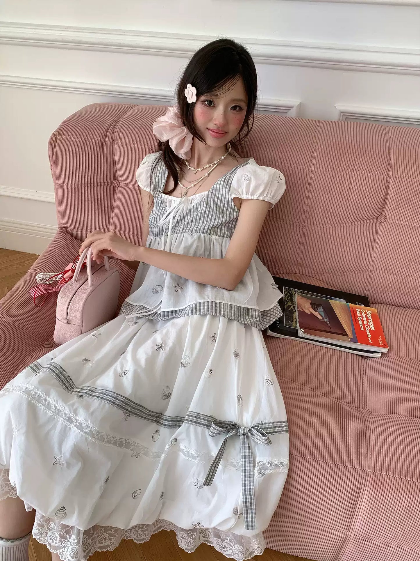 “Misty Isle White Tea” Grey White Polka Dot Skirt Set