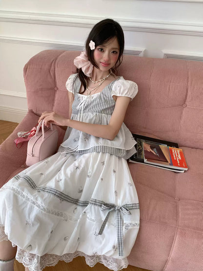“Misty Isle White Tea” Grey White Polka Dot Skirt Set