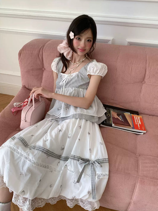 “Misty Isle White Tea” Grey White Polka Dot Skirt Set