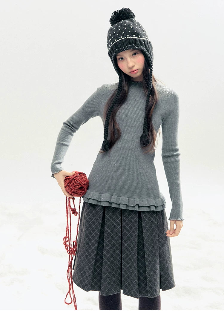 "Soft Whisper" Ruffle Mock Neck Ribbed Knit Top (Ivory/ Smoky Gray)