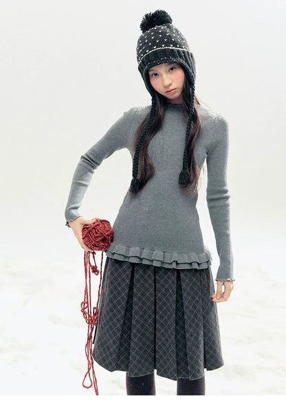 "Soft Whisper" Ruffle Mock Neck Ribbed Knit Top (Ivory/ Smoky Gray)