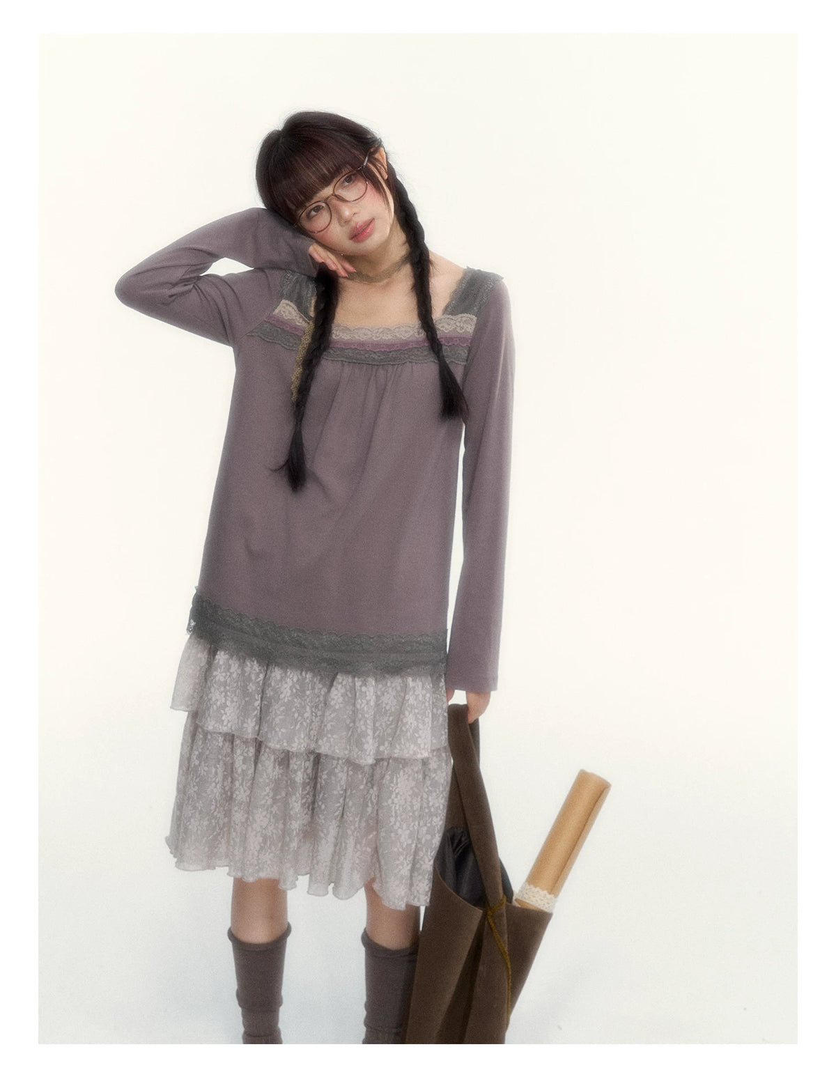 Gray Purple Lace-Trimmed Square-Neck Long-Sleeve T-Shirt