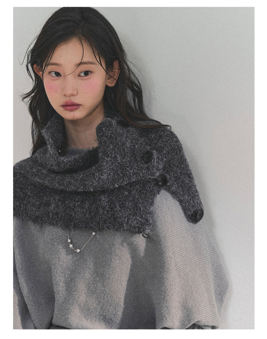 少也眼 “Embers of Sunset” Mini Faux-Knit Shoulder Wrap – Gray & Cocoa