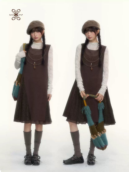 "Caramel Afterglow" Cocoa Brown Lace-Trim A-Line Dress Set with Purple Plaid Layering Top