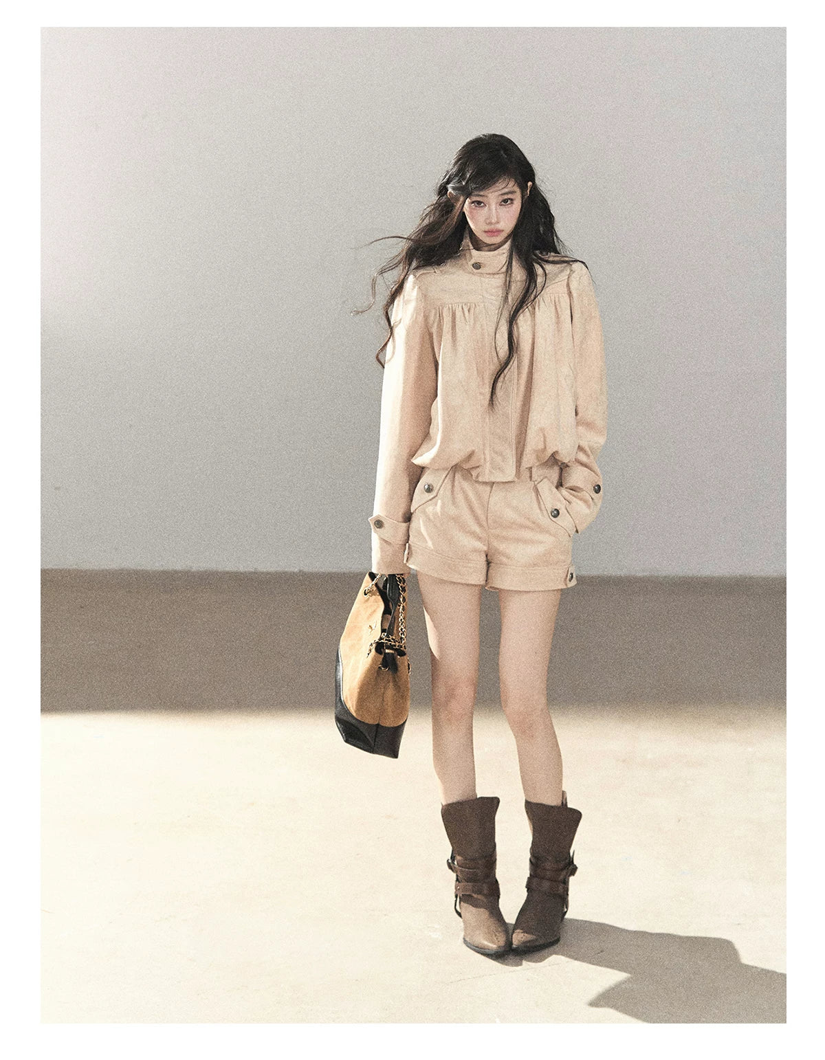 AOMALM - Mauve Faux Suede Jacket & Cargo Shorts Set