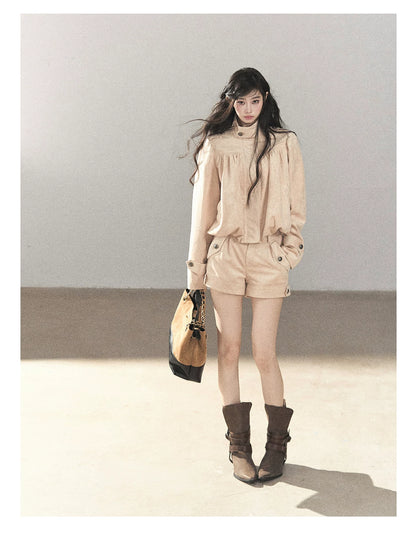AOMALM - Mauve Faux Suede Jacket & Cargo Shorts Set