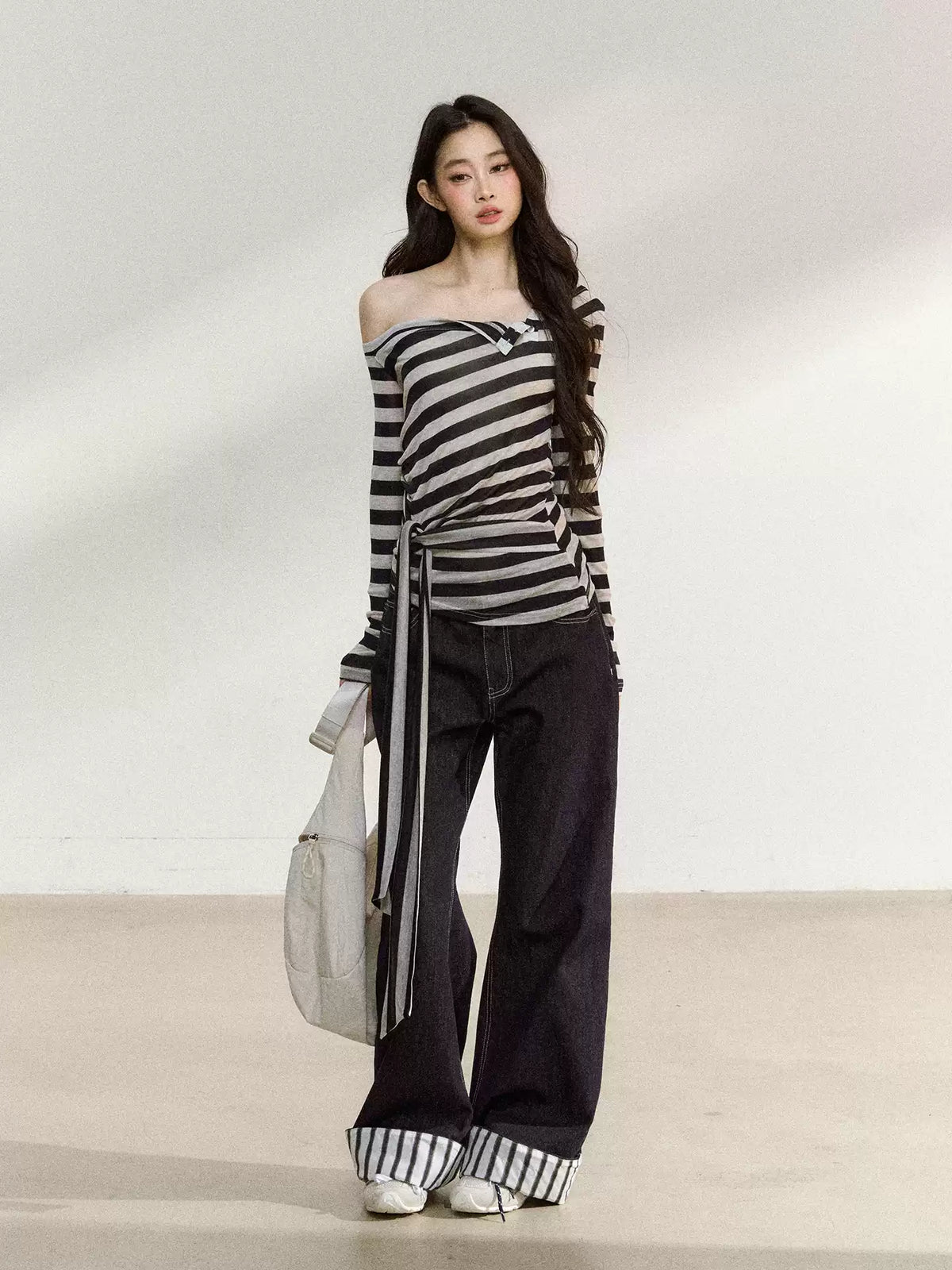JN's DESIGN - Asymmetrical Striped Long-Sleeve Top with Tie Detail