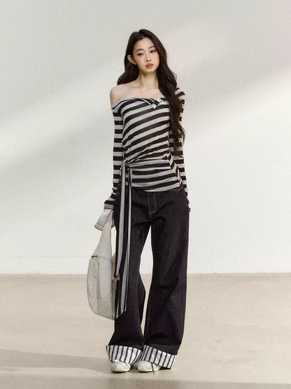 JN's DESIGN - Asymmetrical Striped Long-Sleeve Top with Tie Detail