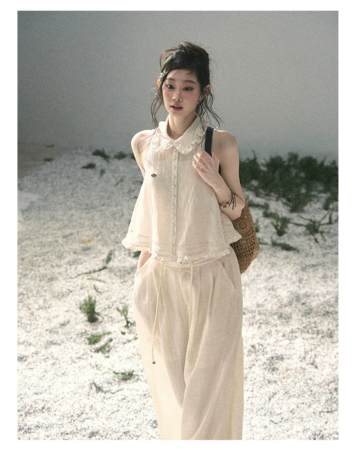 "Soft Cloud Reverie" Dutch Cream Lace Top & Bubble Skirt & Wide-Leg Pants Set 5468465