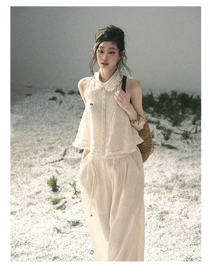 "Soft Cloud Reverie" Dutch Cream Lace Top & Bubble Skirt & Wide-Leg Pants Set 5468465