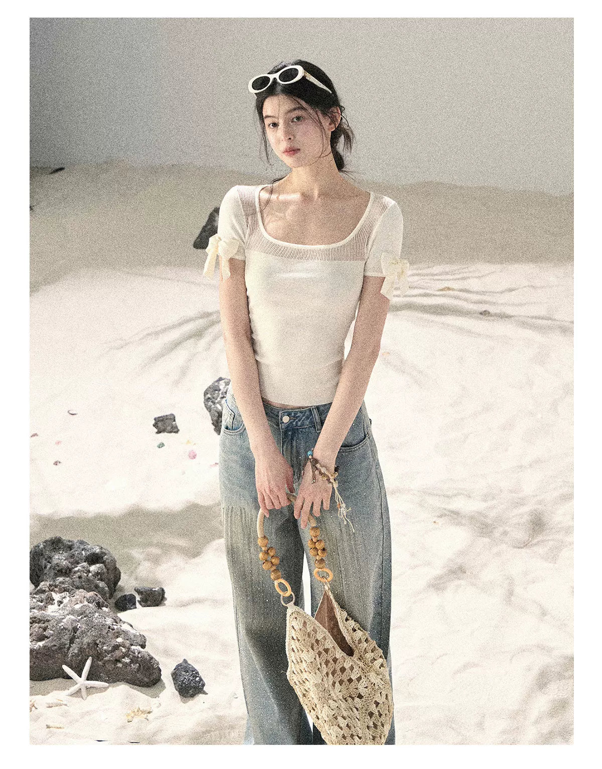 "Gentle Ocean Tide" Dutch Cream Cutout Knit Crop Top 75511