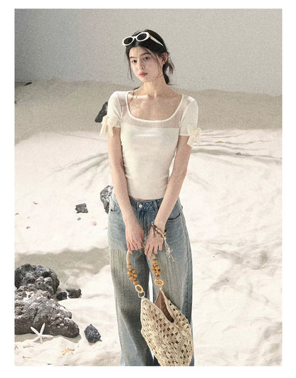 "Gentle Ocean Tide" Dutch Cream Cutout Knit Crop Top 75511
