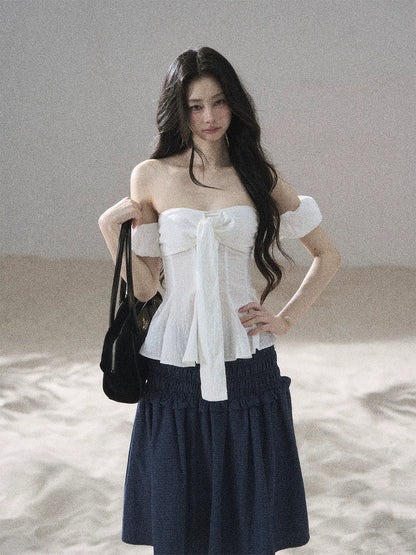 "Lazy Soliloquy" White Peplum Top & Wide-Leg Pants Set