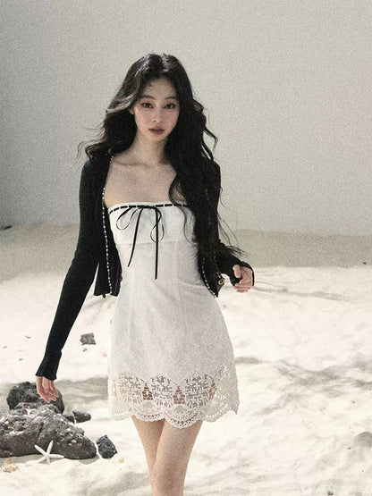 "Moonwoven Reverie" Cloud White Lace Bodycon Mini Dress & Serenity Black Cardigan 5132