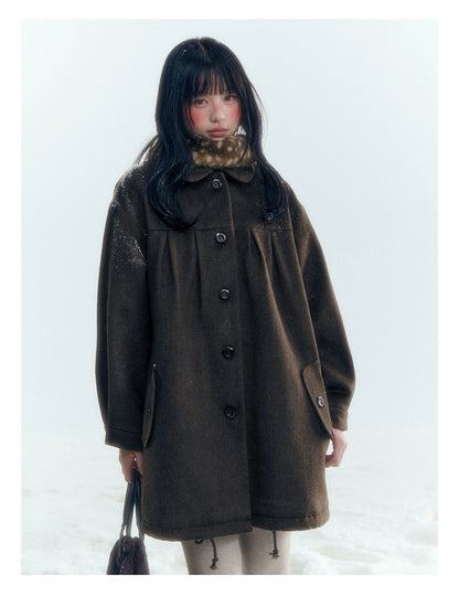 Horridale - Peter Pan Collar Pleated Mid-Length Wool-Blend Coat – Brown Coffee
