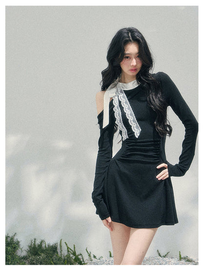 少也眼 “Lingering Warmth Entwined” Layered French Lace One-Shoulder Mini Dress - Serene Black 5435553
