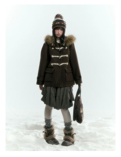 Horridale - Dark Coffee Brown Cropped Hooded Toggle Coat with Detachable Faux Fur Collar