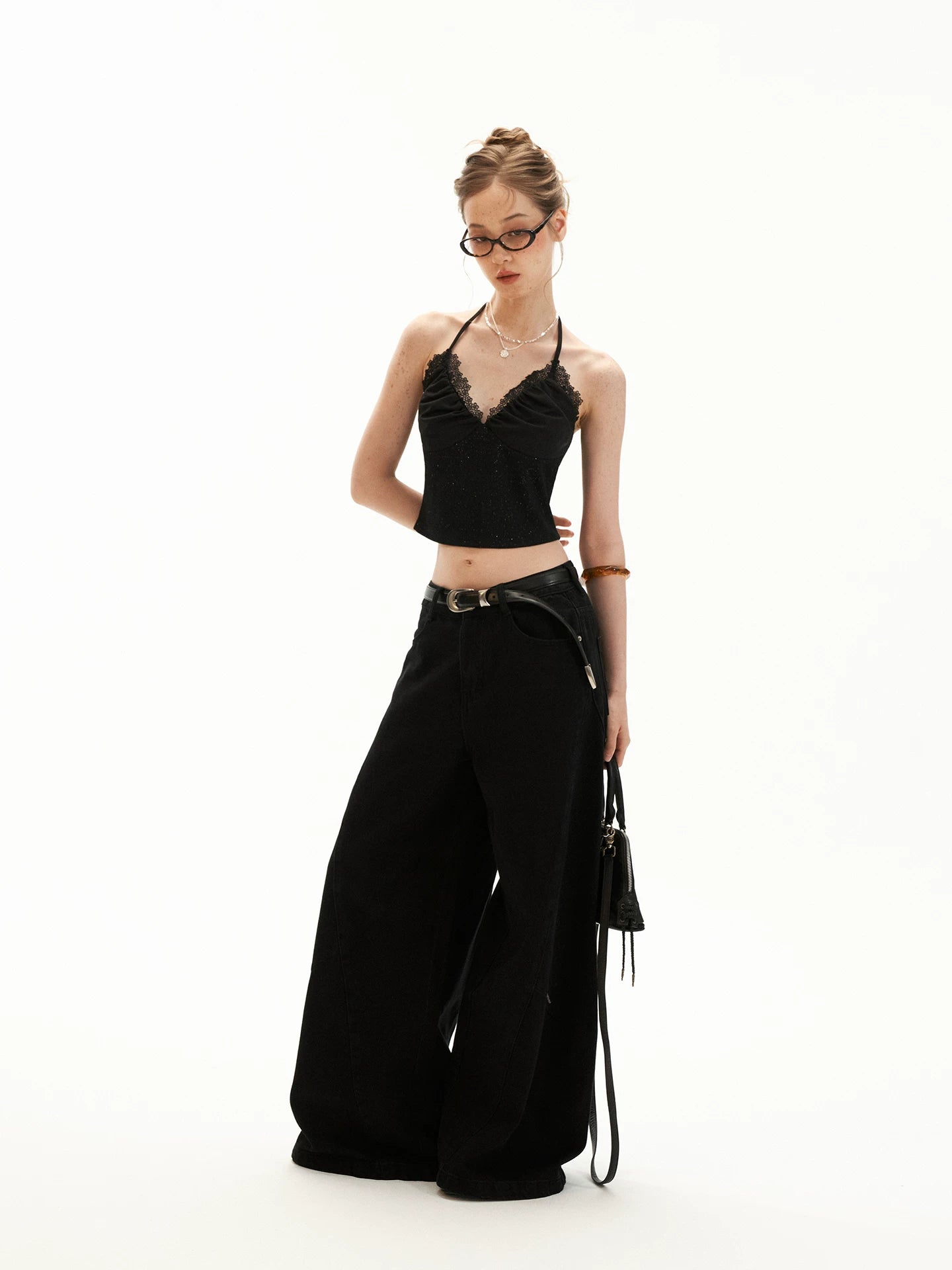 Black Stardust Lace Halter Ruched Cami Top