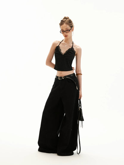 Black Stardust Lace Halter Ruched Cami Top