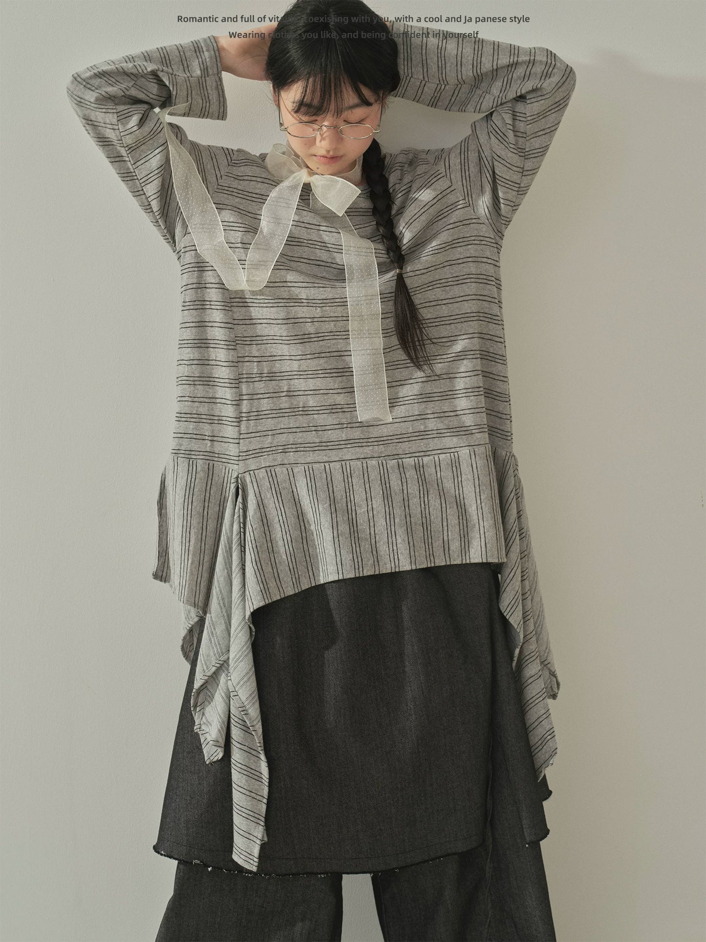 "Vintage Rhythm" Asymmetrical Knit Stripe Long Sleeve T-Shirt (Black / Gray)