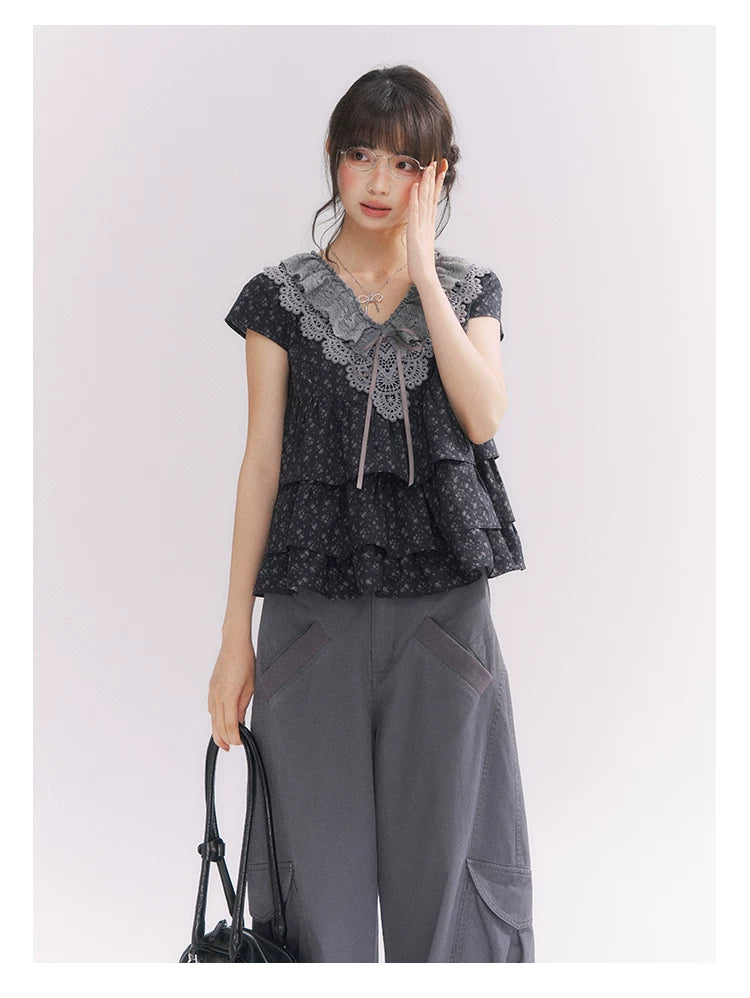 “Midnight Petal” Gray-Black Floral Top & Tiered Dress