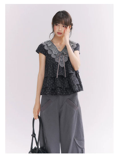 “Midnight Petal” Gray-Black Floral Top & Tiered Dress